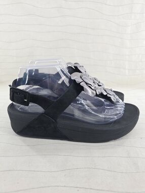 FitFlop Womens Floretta Black Suede Pewter Flower Slingback Sandals Shoes Size 8